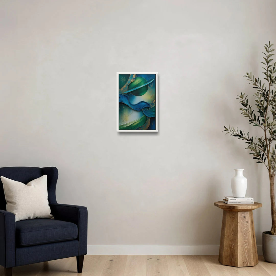 Celestial Nature Blue and Green Abstract - White Framed Canvas Wall Art - Sofa - 12x18
