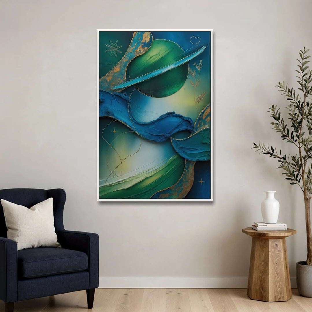 Celestial Nature Blue and Green Abstract - White Framed Canvas Wall Art - Sofa - 32x48
