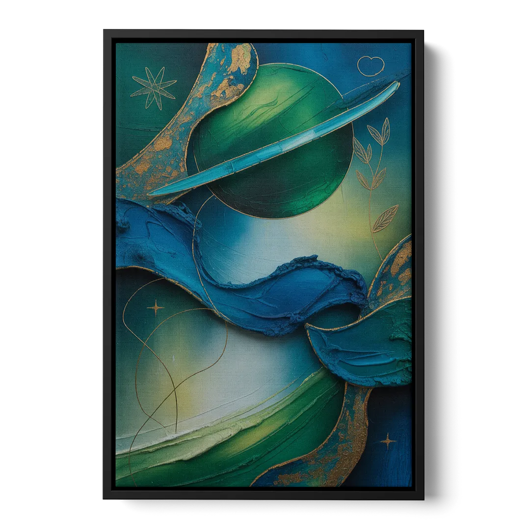 Celestial Nature Blue and Green Abstract - Black Frame Canvas
