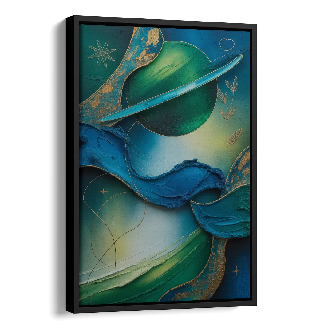 Celestial Nature Blue and Green Abstract Side - Black Canvas Wall Art
