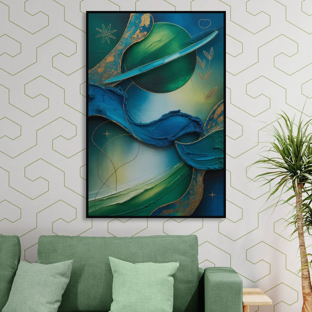 Celestial Nature Blue and Green Abstract Living Room - Black Canvas Wall Art