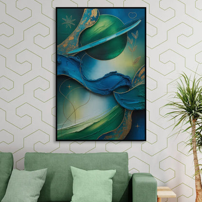Celestial Nature Blue and Green Abstract Living Room - Black Canvas Wall Art