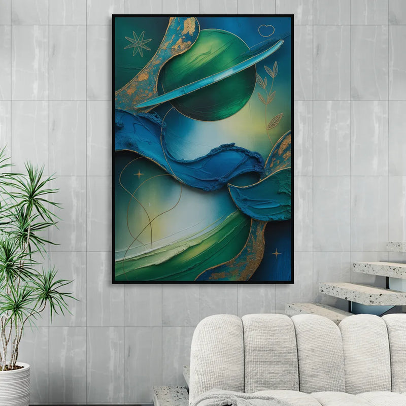 Celestial Nature Blue and Green Abstract Sitting Room - Black Canvas Wall Art