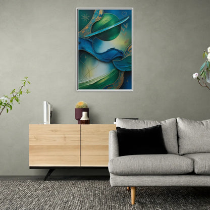 Celestial Nature Blue and Green Abstract - Living Room White Frame Canvas