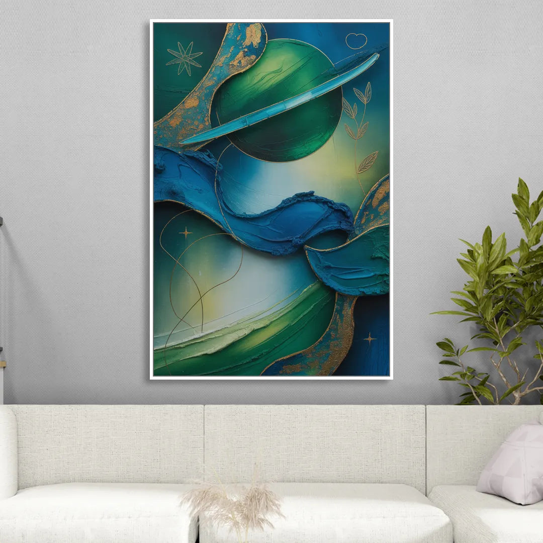 Celestial Nature Blue and Green Abstract Sitting Room - White Canvas Wall Art
