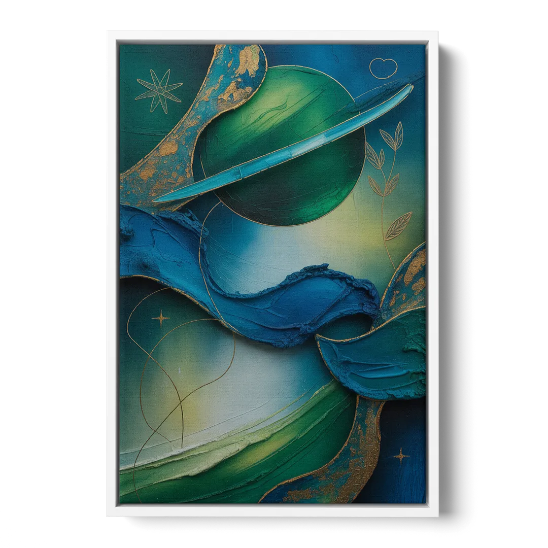 Celestial Nature Blue and Green Abstract - White Frame Canvas