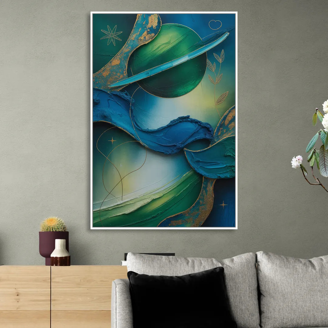 Celestial Nature Blue and Green Abstract Living Room - White Canvas Wall Art