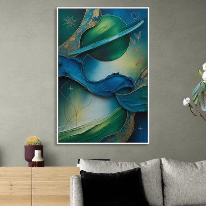 Celestial Nature Blue and Green Abstract Living Room - White Canvas Wall Art
