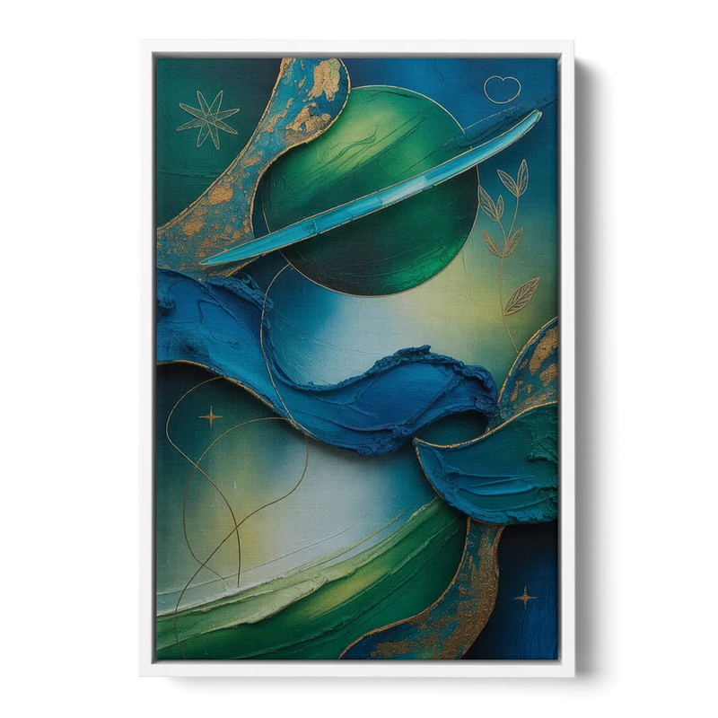 Celestial Nature Blue and Green Abstract Front - White Canvas Wall Art