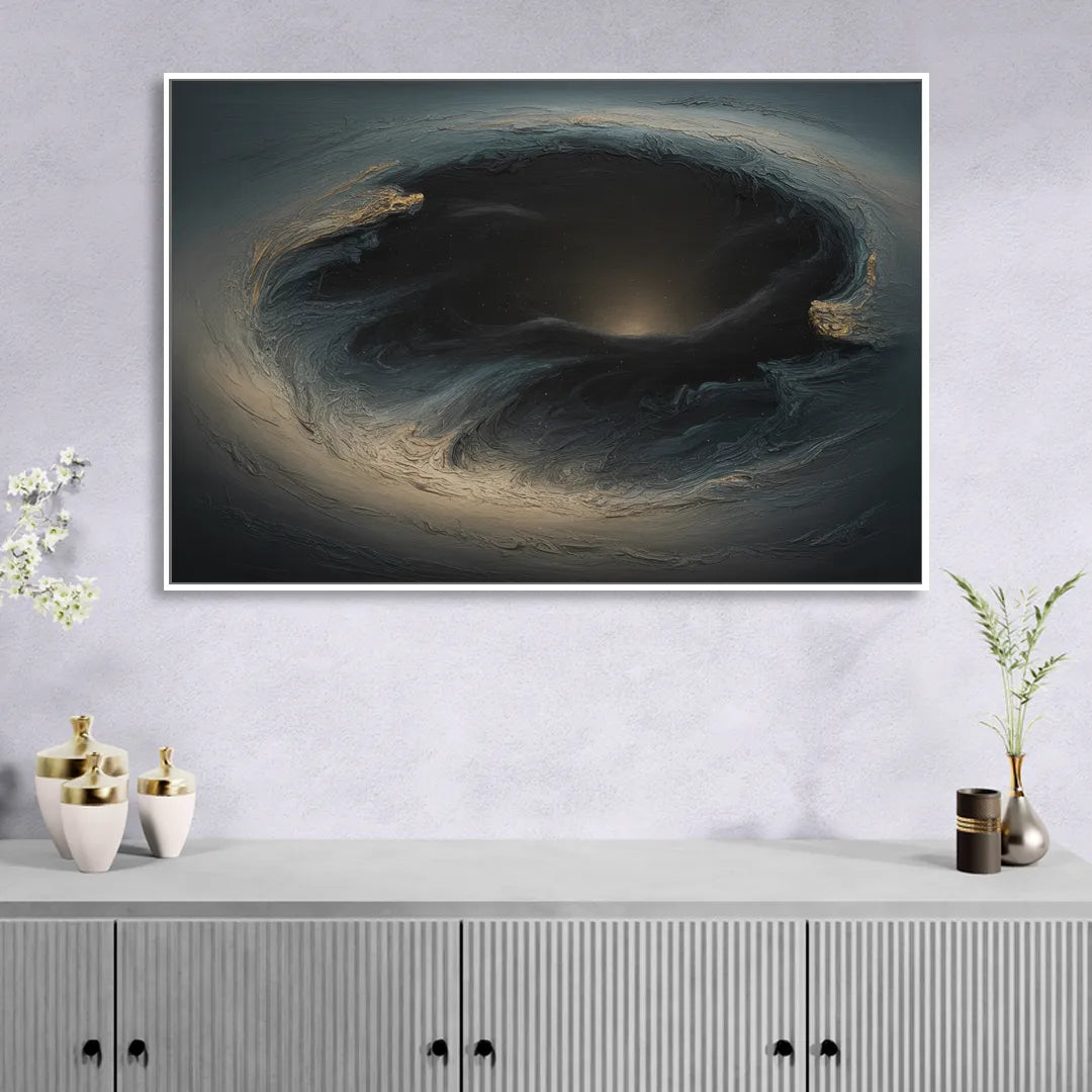 Celestial Vortex Black Abstract Sitting Room - White Canvas Wall Art
