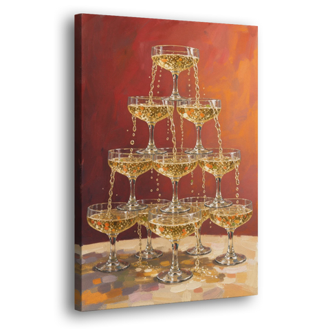Champagne Coupe Tower Overflowing with Bubbles - Canvas Wall Art - Side