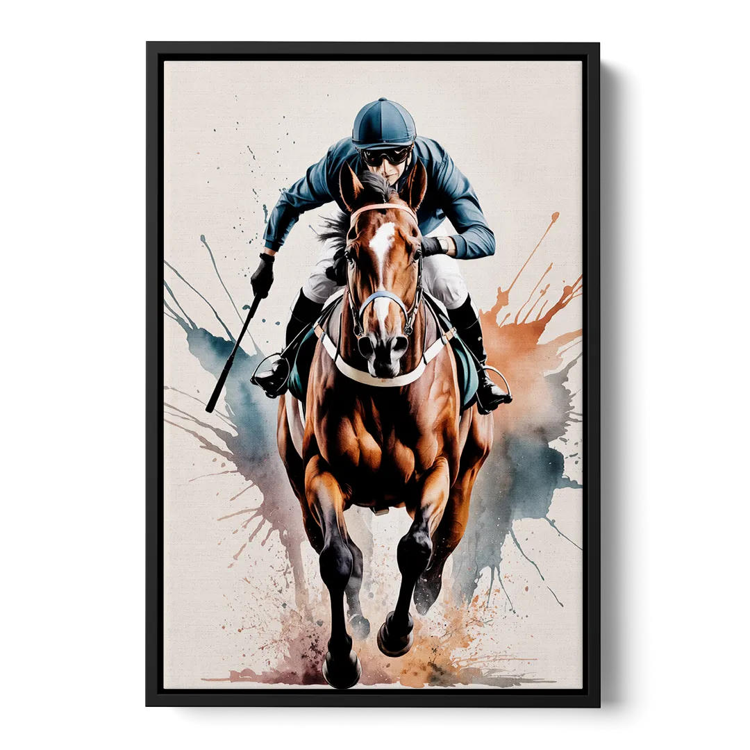 Champion Racehorse in Motion - Black Frame Canvas