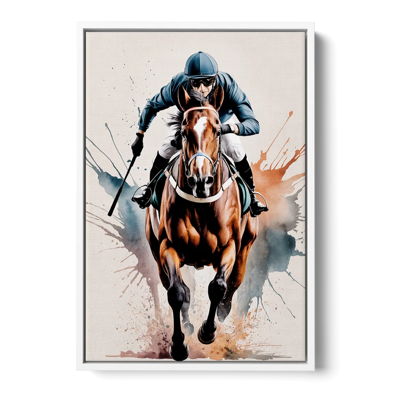 Champion Racehorse in Motion Front - White Canvas Wall Art