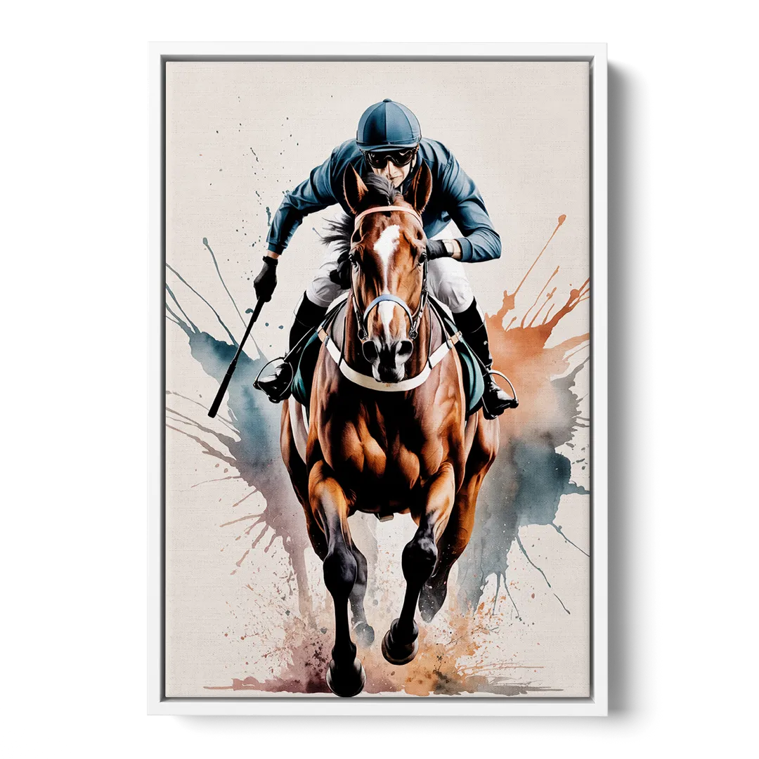 Champion Racehorse in Motion - White Frame Canvas