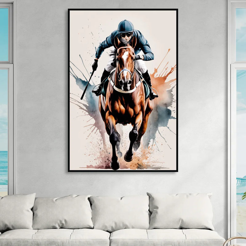 Champion Racehorse in Motion Sitting Room - Black Canvas Wall Art