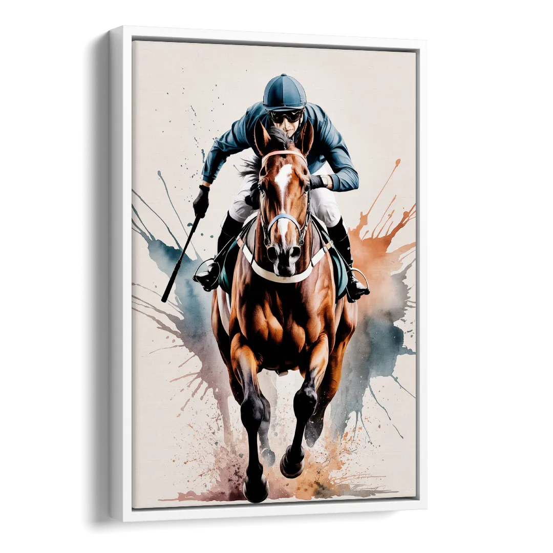 Champion Racehorse in Motion Side - White Canvas Wall Art