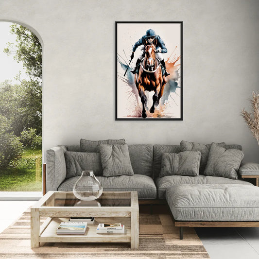 Champion Racehorse in Motion - Living Room Black Frame Canvas