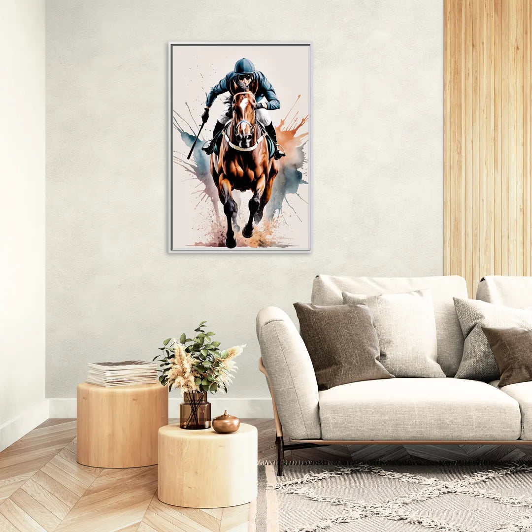 Champion Racehorse in Motion - Living Room White Frame Canvas