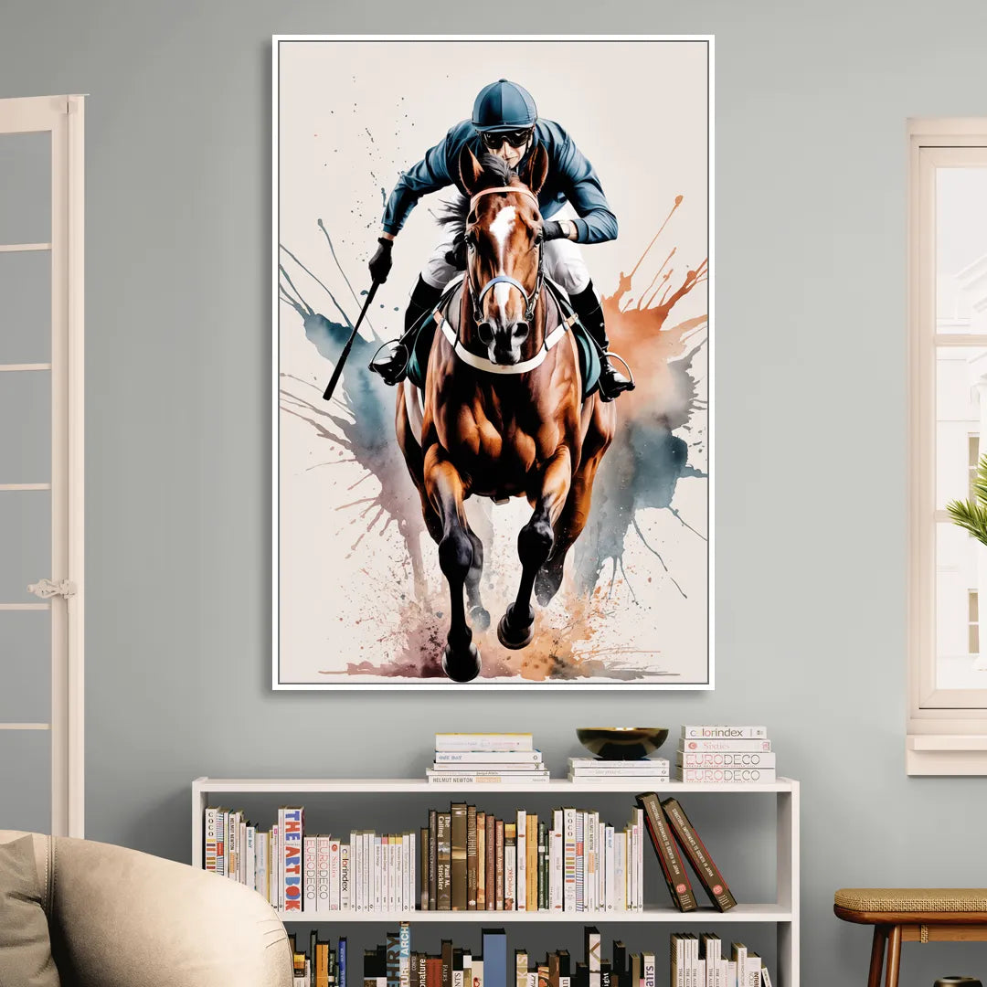 Champion Racehorse in Motion Living Room - White Canvas Wall Art