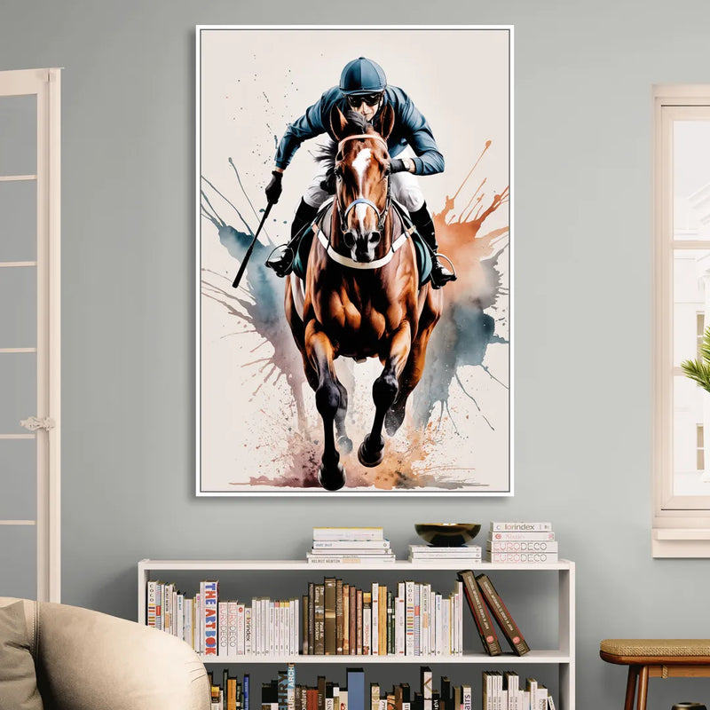 Champion Racehorse in Motion Living Room - White Canvas Wall Art