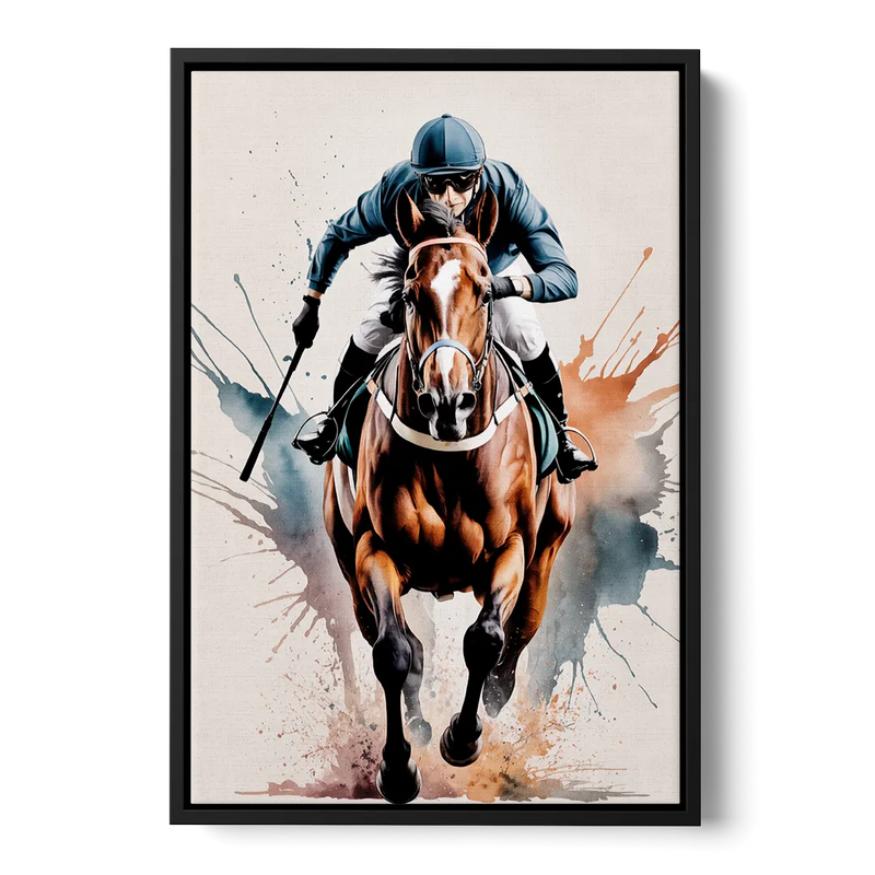 Champion Racehorse in Motion Front - Black Canvas Wall Art