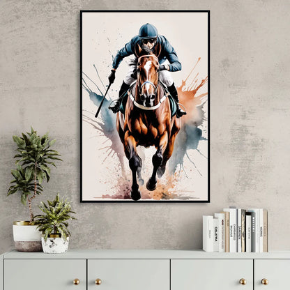 Champion Racehorse in Motion Living Room - Black Canvas Wall Art
