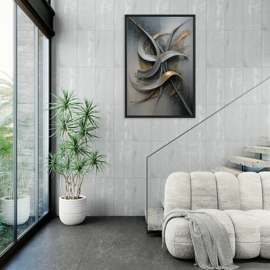 Chaotic Harmony Grey and Silver Abstract - Living Room Black Frame Canvas