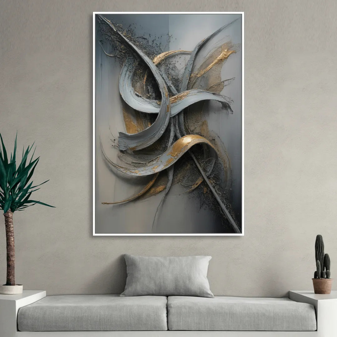 Chaotic Harmony Grey and Silver Abstract Sitting Room - White Canvas Wall Art