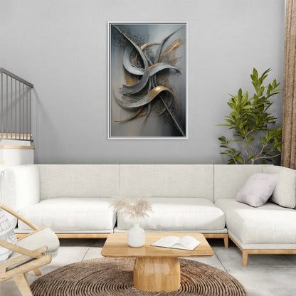 Chaotic Harmony Grey and Silver Abstract - Living Room White Frame Canvas