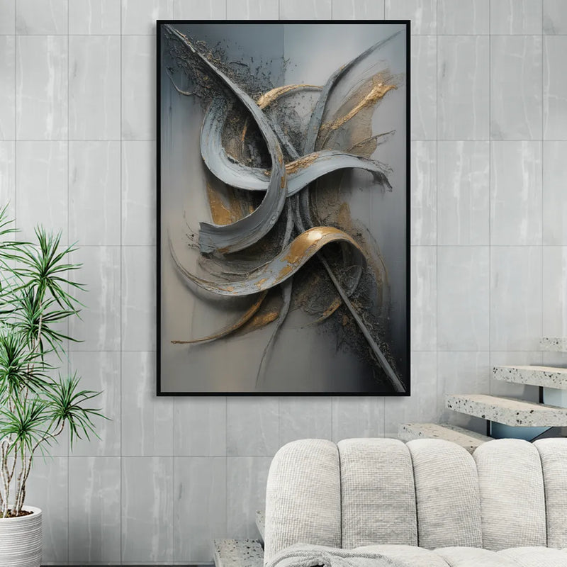 Chaotic Harmony Grey and Silver Abstract Living Room - Black Canvas Wall Art