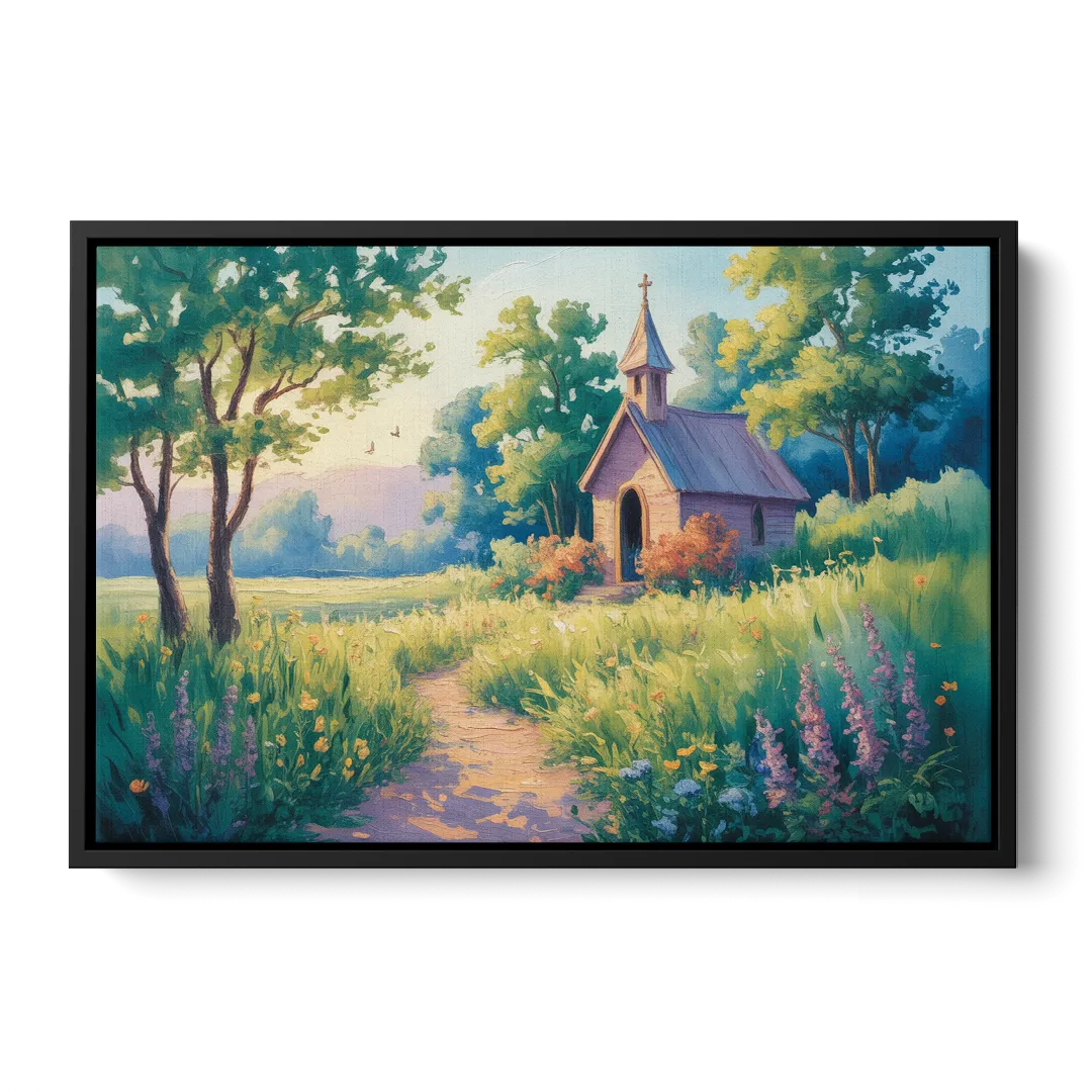 Chapel Serenity Aesthetic Christian Front - Black Canvas Wall Art