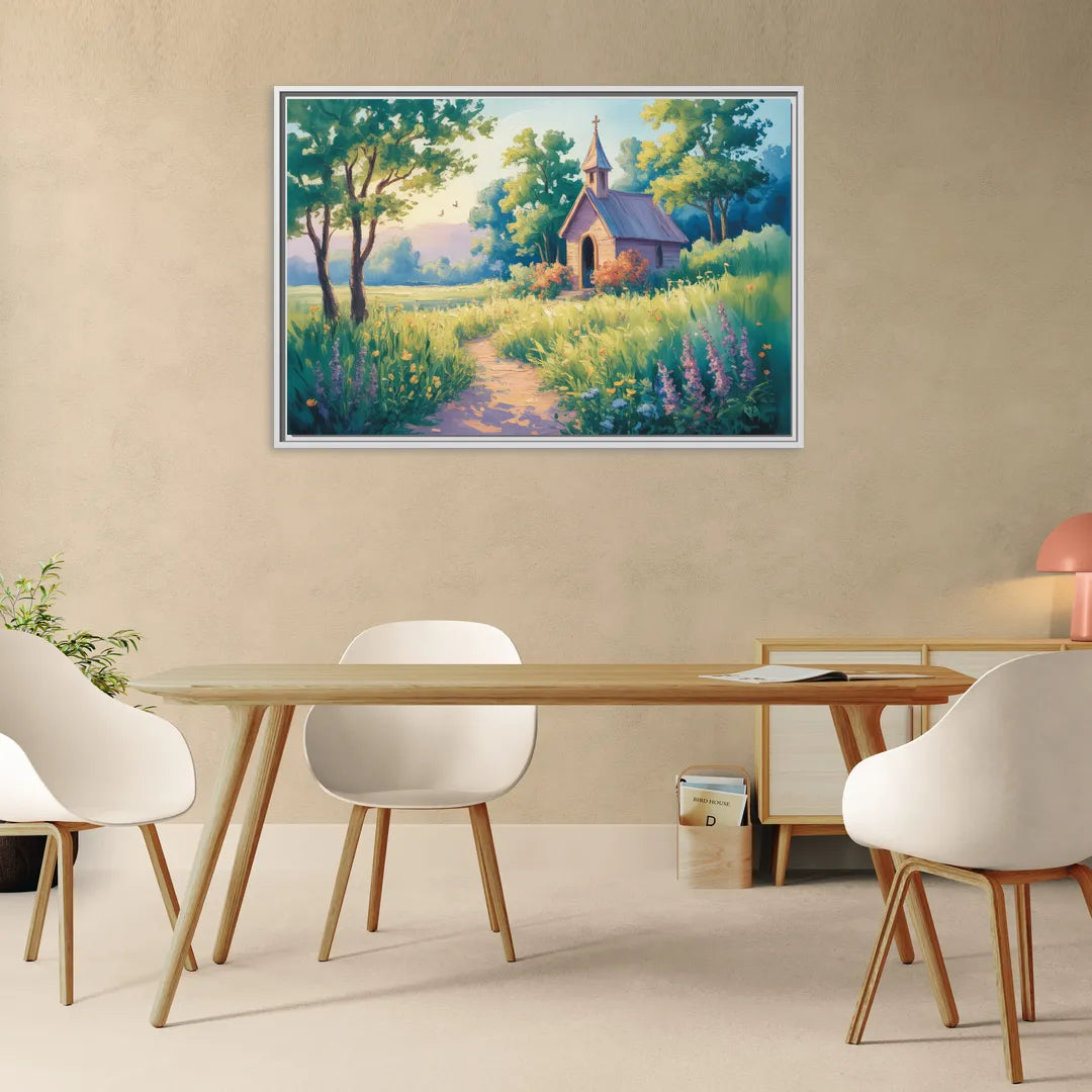 Chapel Serenity Aesthetic Christian - Living Room White Frame Canvas