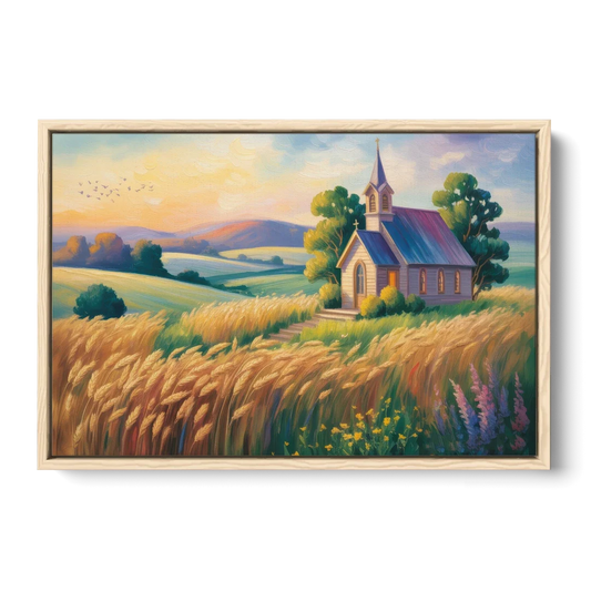 Chapel at Dusk Aesthetic Christian - Oak Framed Canvas Wall Art - Front