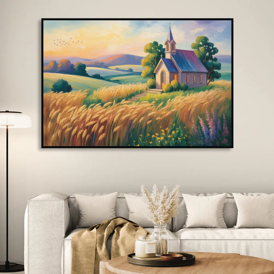 Chapel at Dusk Aesthetic Christian Living Room - Black Canvas Wall Art