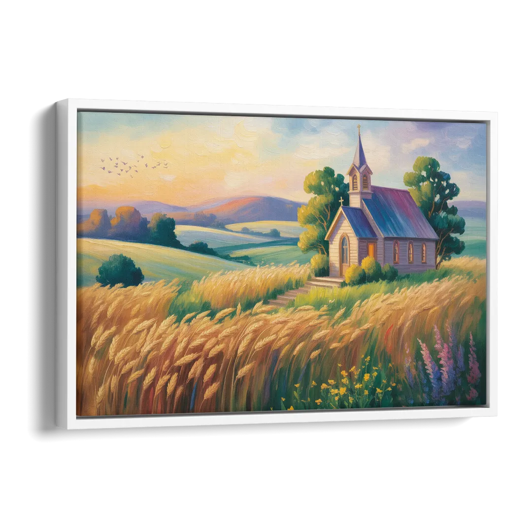 Chapel at Dusk Aesthetic Christian Side - White Canvas Wall Art