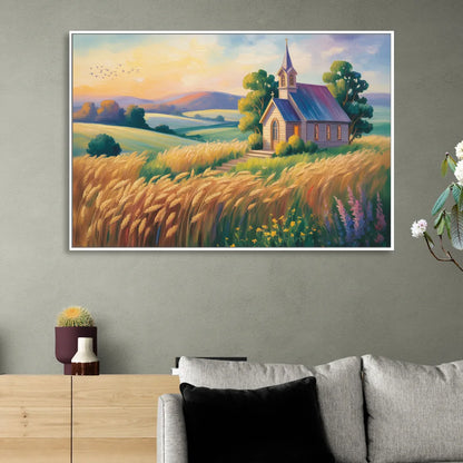 Chapel at Dusk Aesthetic Christian Sitting Room - White Canvas Wall Art
