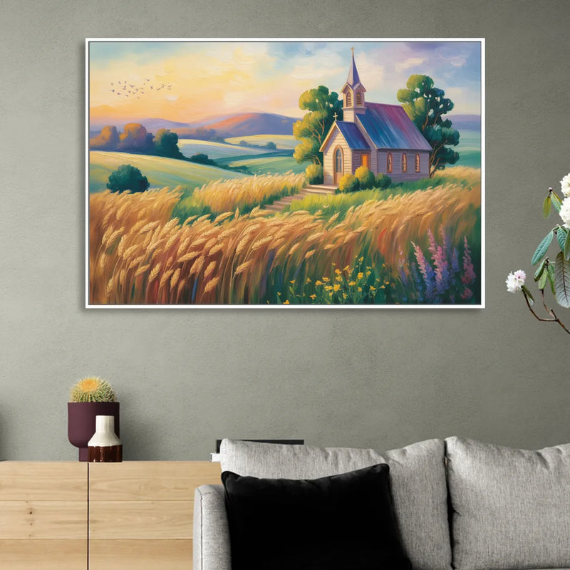 Chapel at Dusk Aesthetic Christian Sitting Room - White Canvas Wall Art