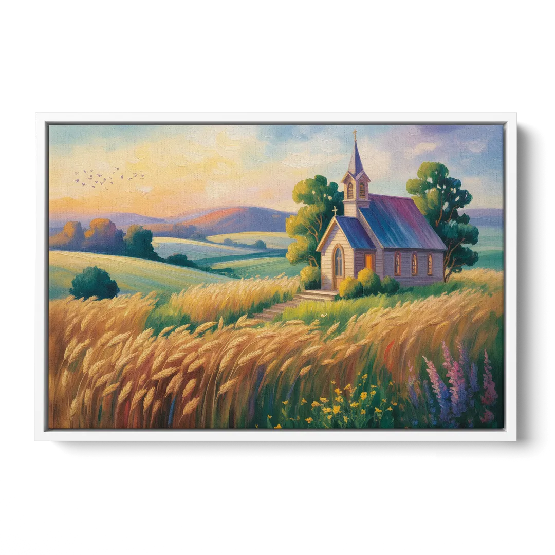Chapel at Dusk Aesthetic Christian Front - White Canvas Wall Art