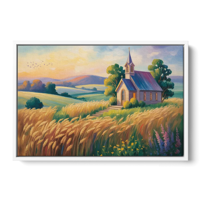 Chapel at Dusk Aesthetic Christian Front - White Canvas Wall Art