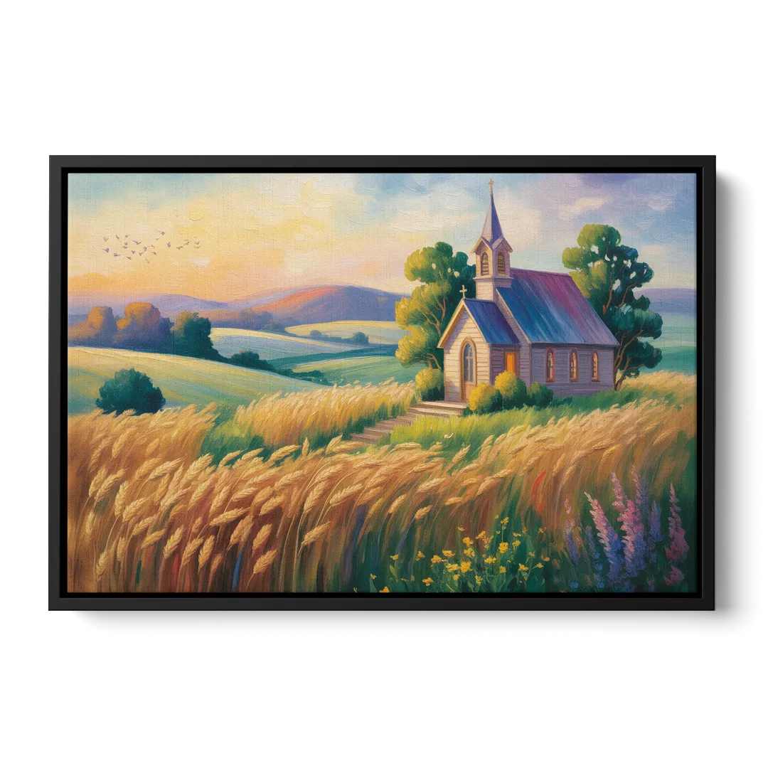 Chapel at Dusk Aesthetic Christian Front - Black Canvas Wall Art