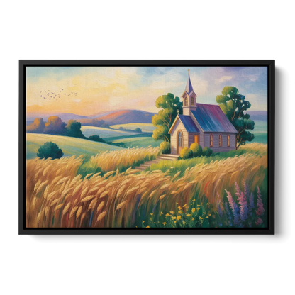 Chapel at Dusk Aesthetic Christian Front - Black Canvas Wall Art