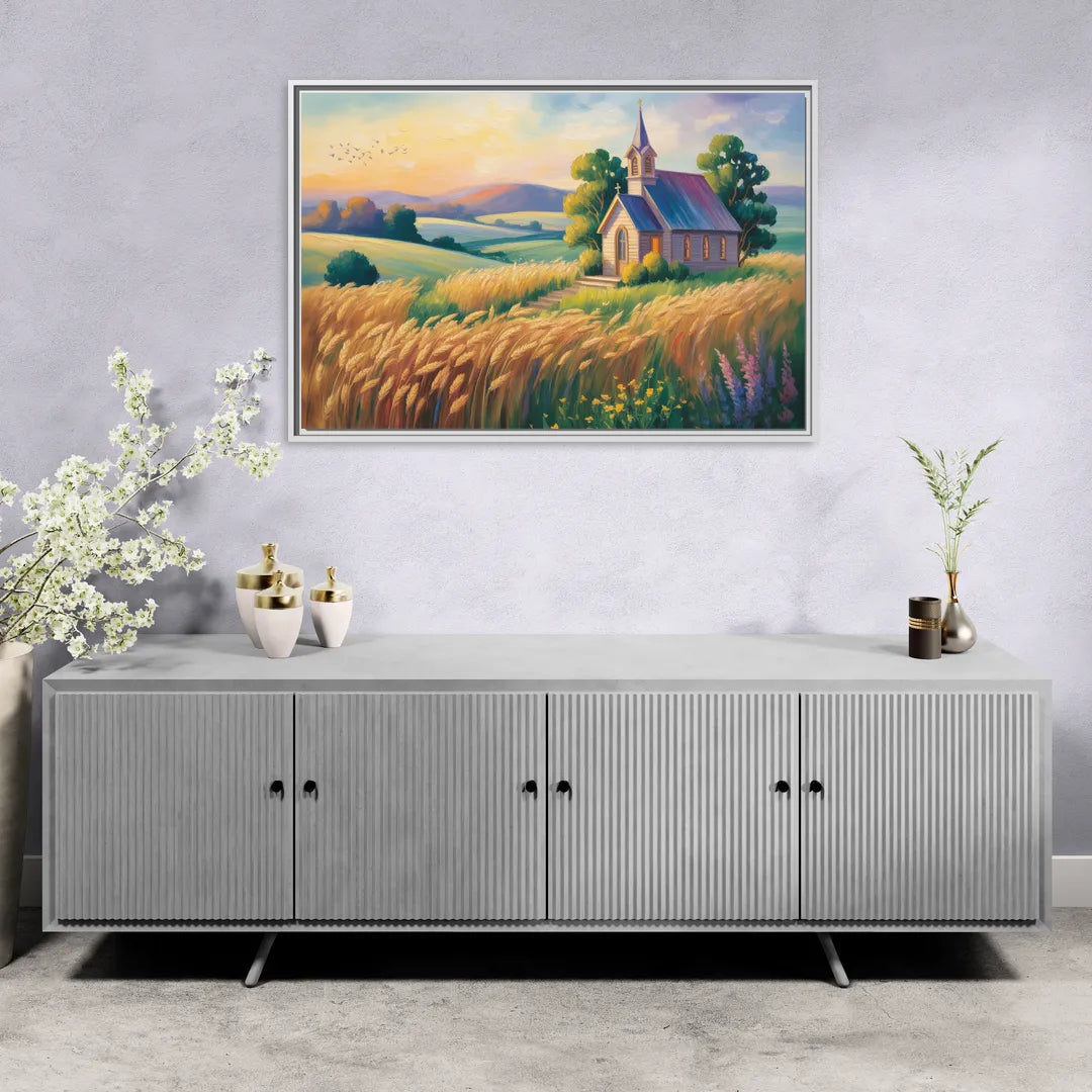 Chapel at Dusk Aesthetic Christian - Living Room White Frame Canvas