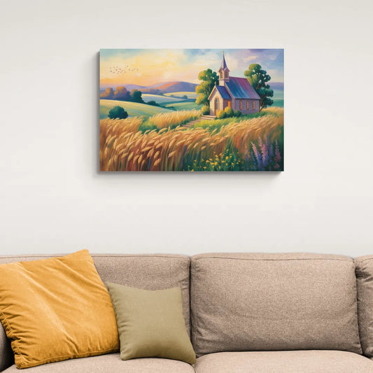 Chapel at Dusk Aesthetic Christian - Canvas Wall Art Living Room