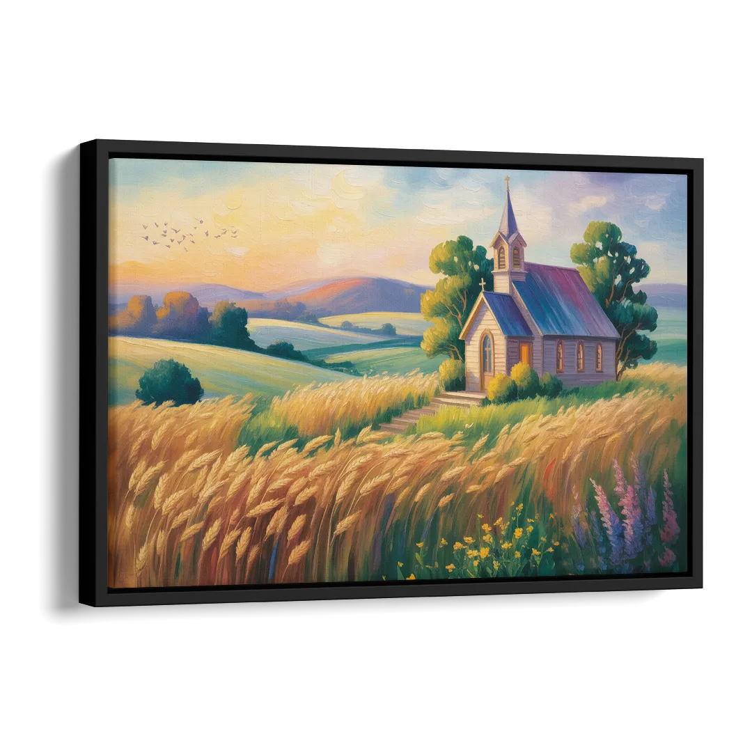 Chapel at Dusk Aesthetic Christian Side - Black Canvas Wall Art
