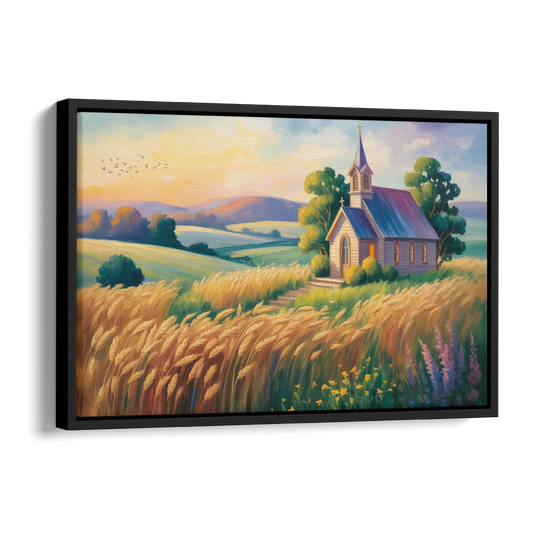 Chapel at Dusk Aesthetic Christian Side - Black Canvas Wall Art
