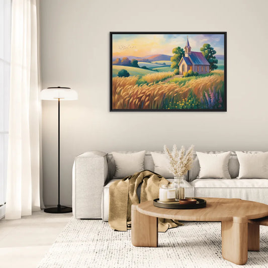 Chapel at Dusk Aesthetic Christian - Living Room Black Frame Canvas