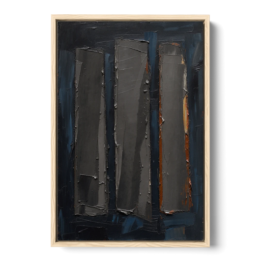 Charcoal Abstract Painting of Three Monoliths - Oak Framed Canvas Wall Art - Front