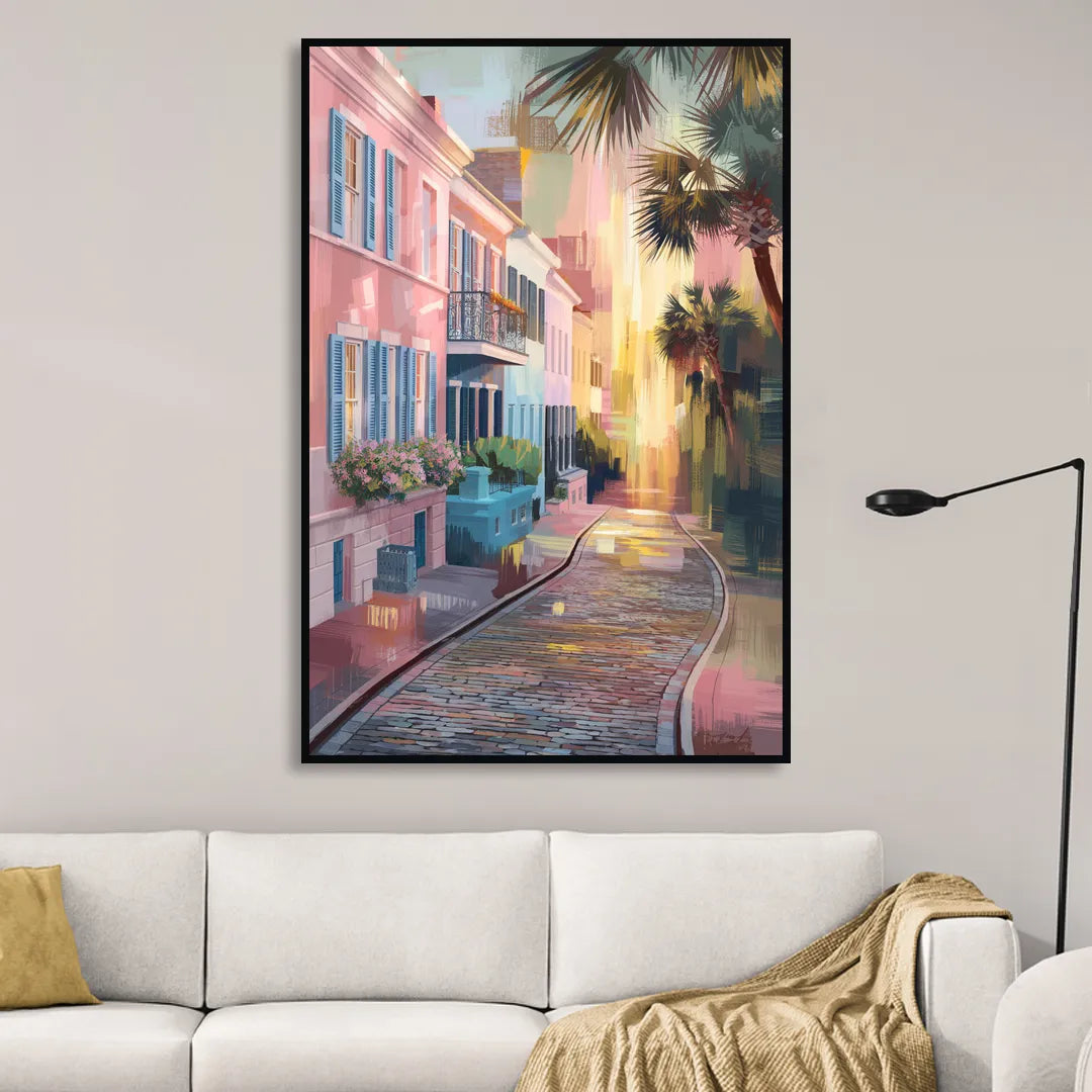 Charleston Cobblestone Streets Sitting Room - Black Canvas Wall Art