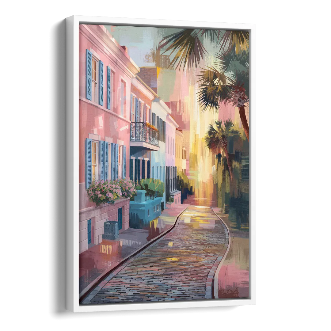 Charleston Cobblestone Streets Side - White Canvas Wall Art
