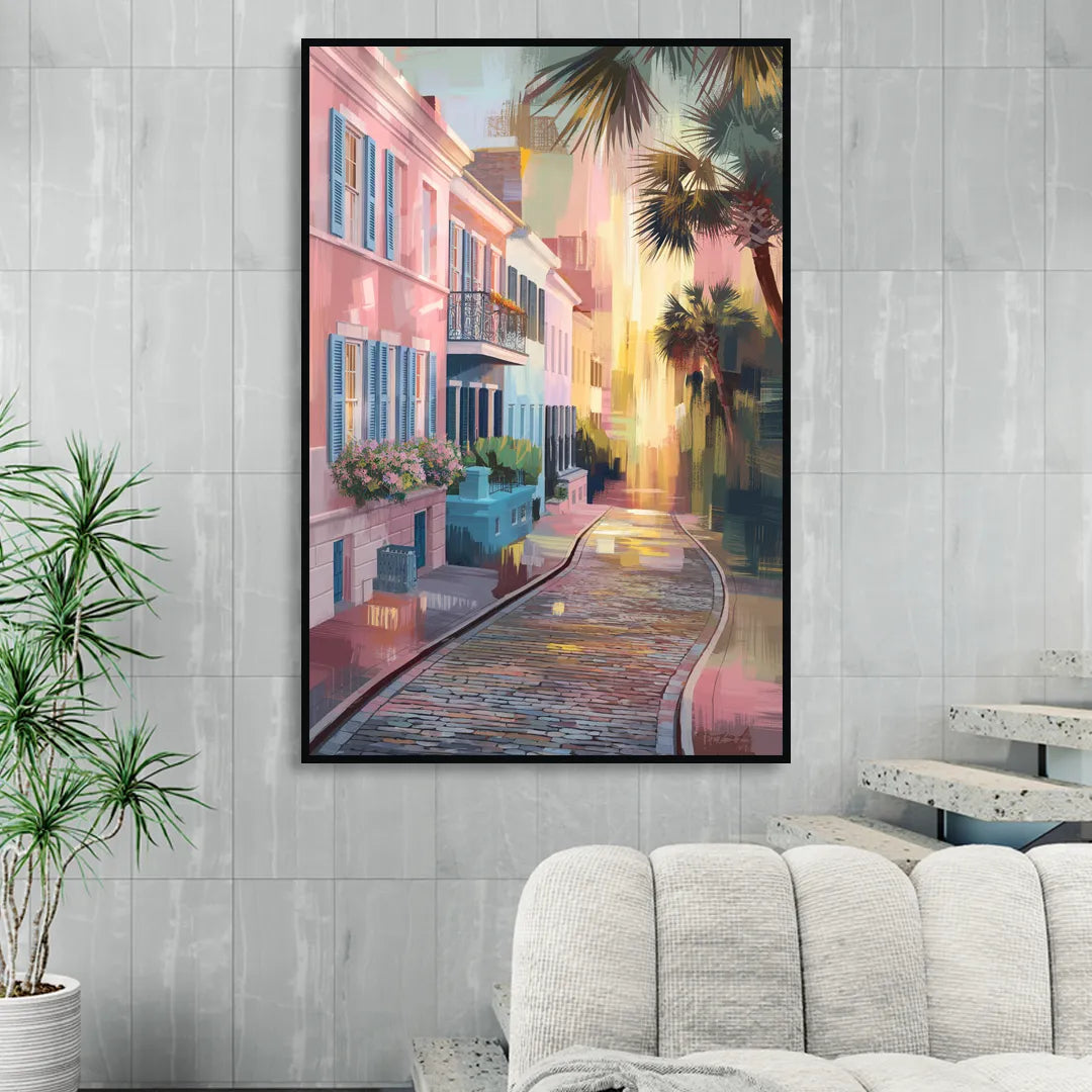 Charleston Cobblestone Streets Living Room - Black Canvas Wall Art
